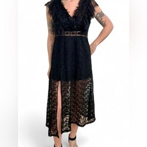 Black Lace Floral Midi Dress Sheer Ruffle Embroidered V-Neck Flutter Sleeve S